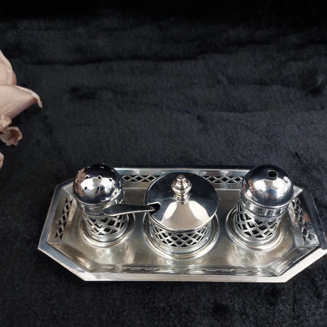 Falcon Plate  Condiment Set Cobalt Liners Mustard Salt Pepper Tray England 17.5c2