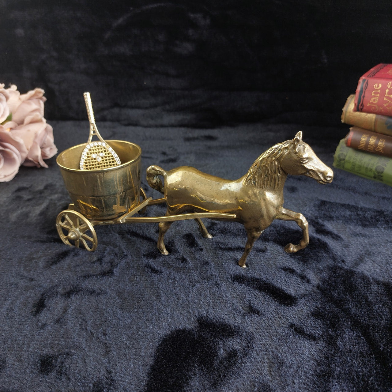 Brass Horse & Half Barrel 11" Carriage Cart Model Ornament vintage  5.5"  10