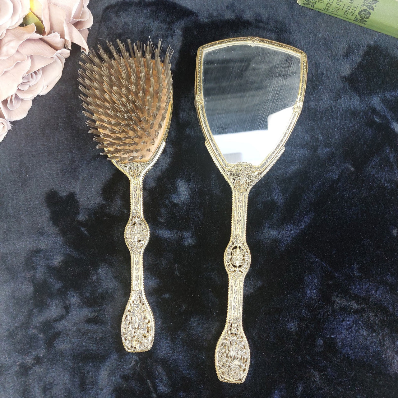 Vintage Ornate Hand Mirror & Hair Brush Set Filigree Metal Rococo Dressing Table10