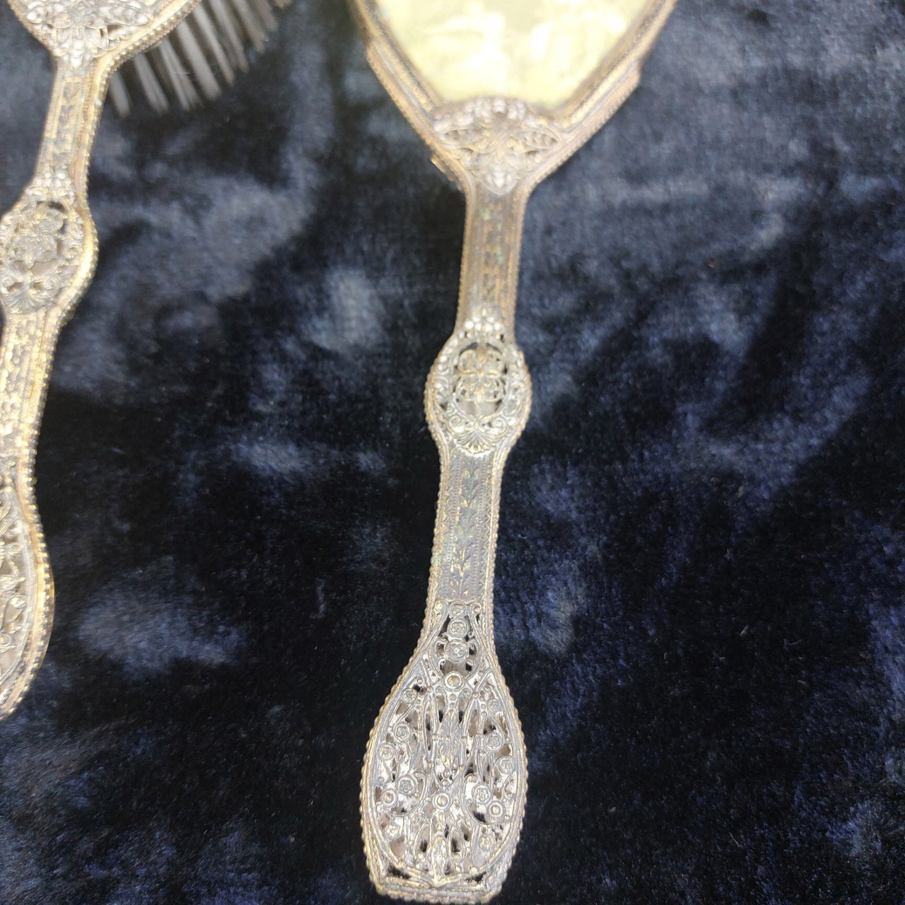 Vintage Ornate Hand Mirror & Hair Brush Set Filigree Metal Rococo Dressing Table6