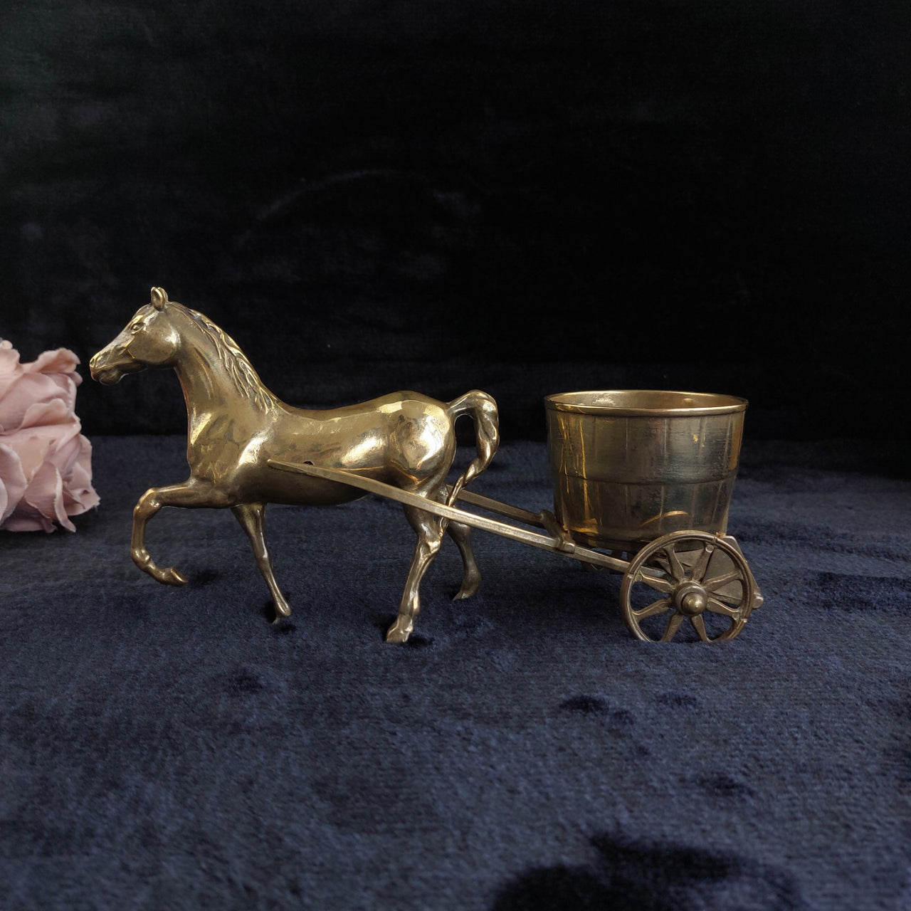 Brass Horse & Half Barrel 11" Carriage Cart Model Ornament vintage  5.5"  2