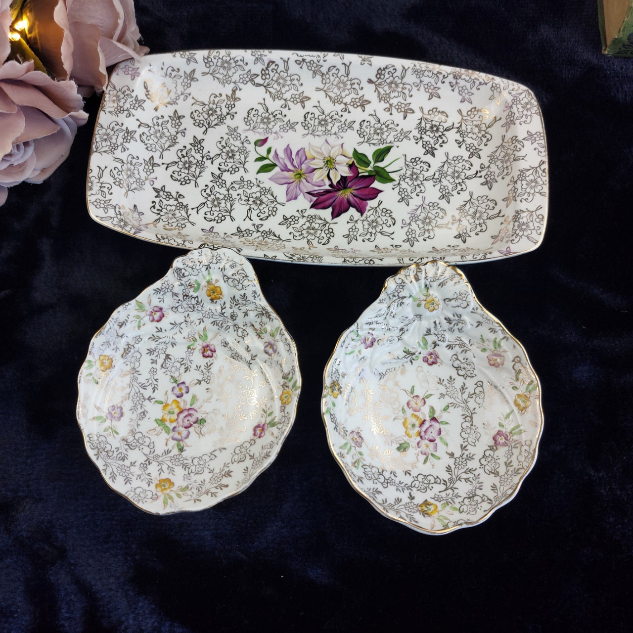 James Kent Ltd "Pearl Delight" Dessert Set English Vintage Floral Plate Dish1
