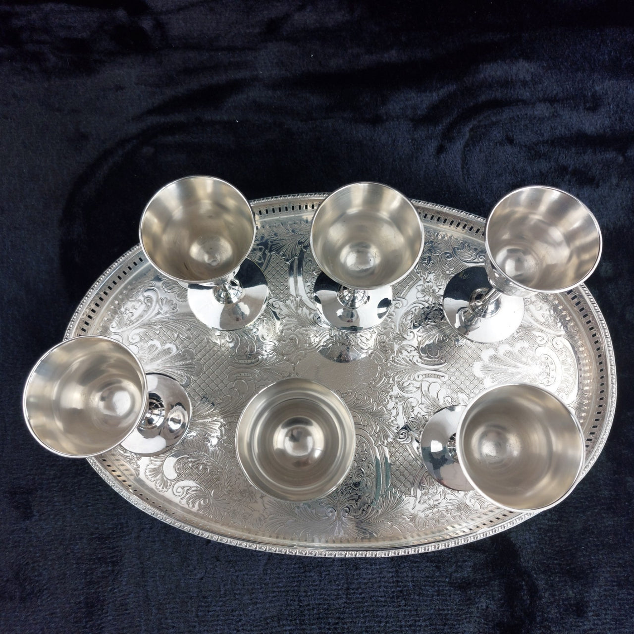Sheffield Plated Silver Goblets & Tray Set 7pc EPNS Ornate Engraved Vintage Deco3