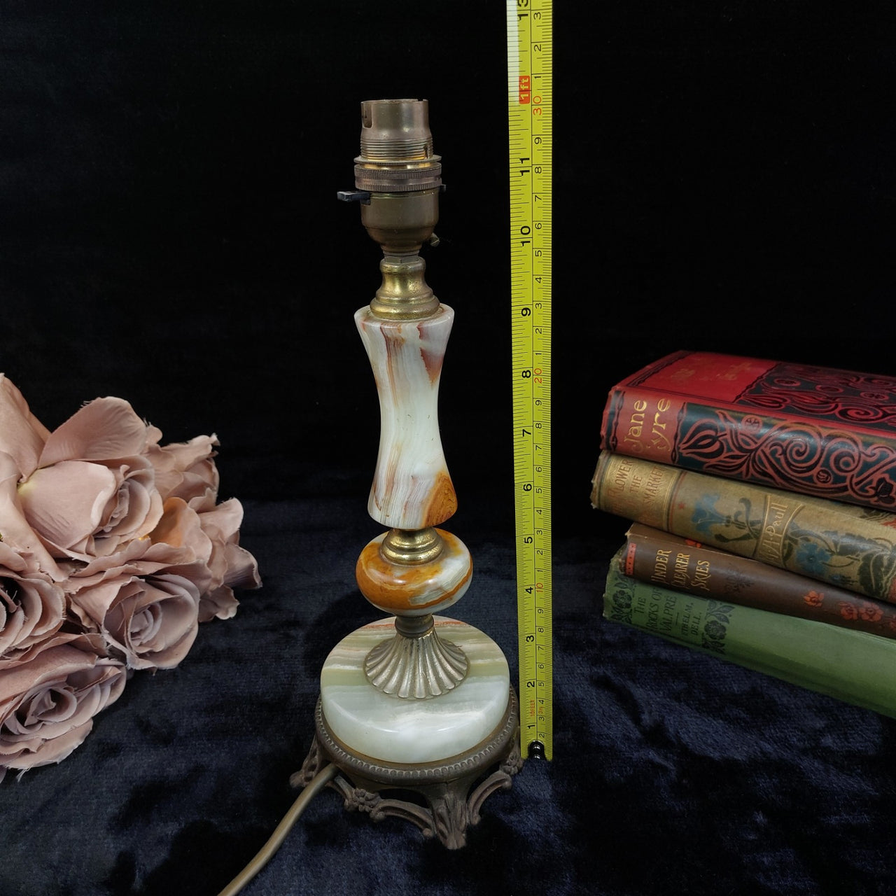Vintage Onyx & Brass Table Lamp with Ornate Claw Foot Base Working Condition13