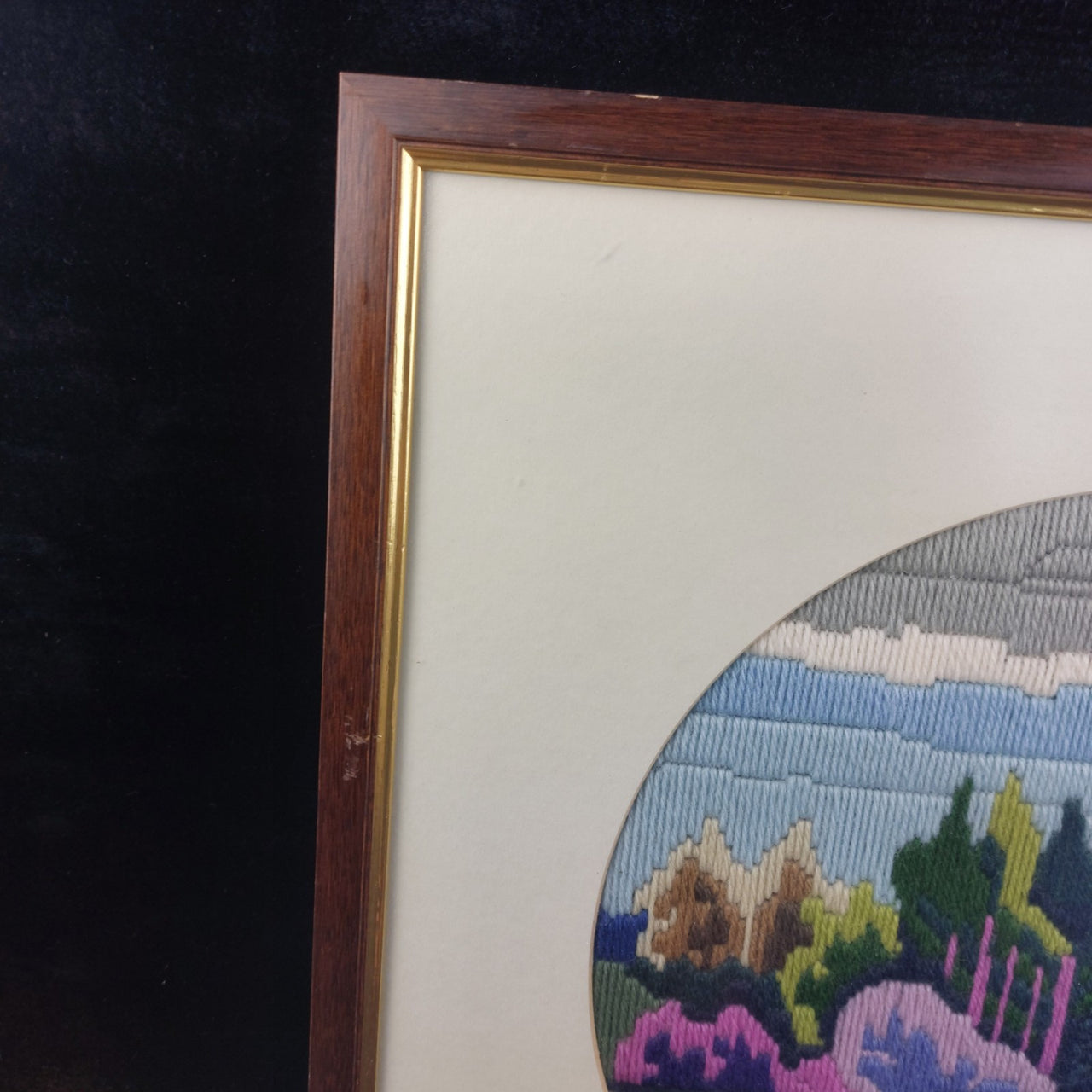 Vintage Framed Circular Long-Stitch Needlework Countryside Landscape Art 17" Sq10