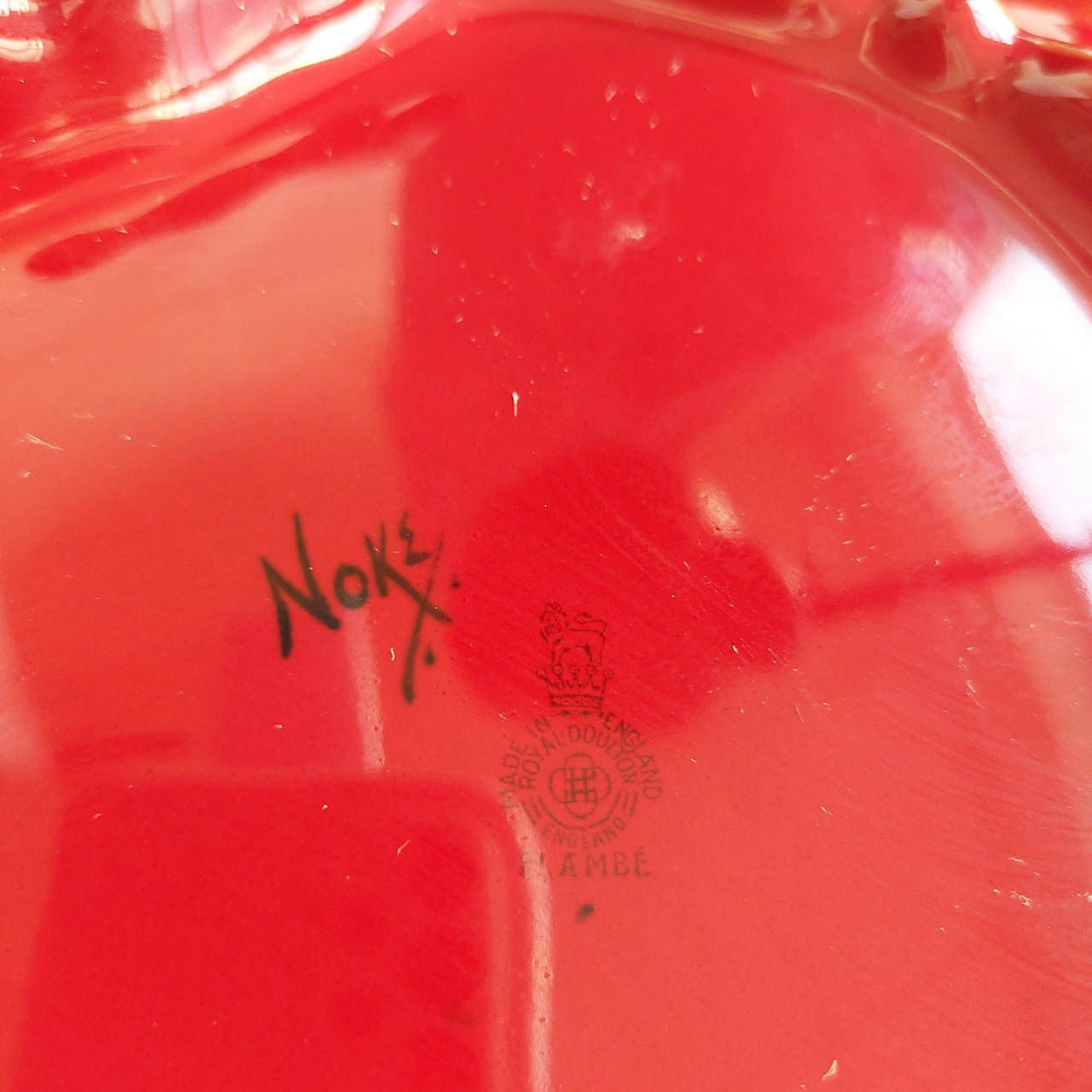 Royal Doulton Flambe Noke Bowl Scenic Red Transferware Dish, England chipped.5