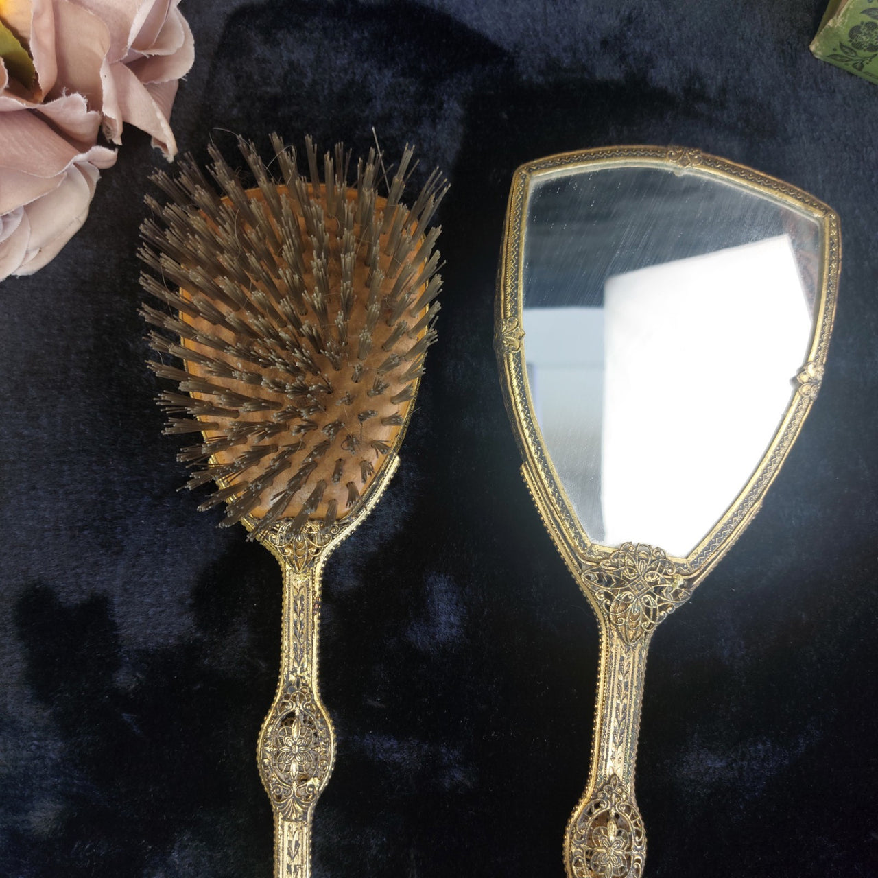 Vintage Ornate Hand Mirror & Hair Brush Set Filigree Metal Rococo Dressing Table9