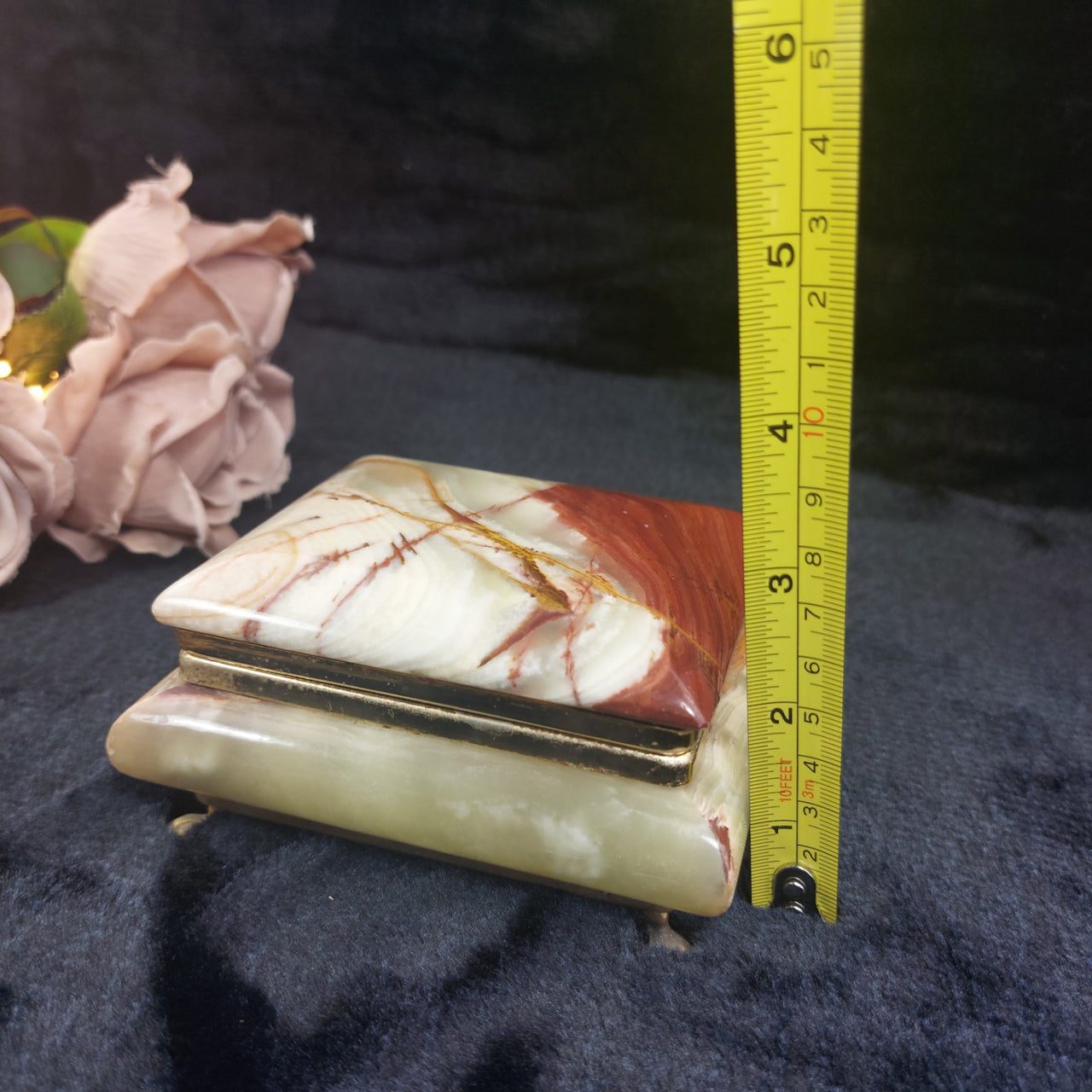 Onyx Jewelry Box Red & Green Marble, Gold Trim, Velvet Lined Vintage luxury gift11