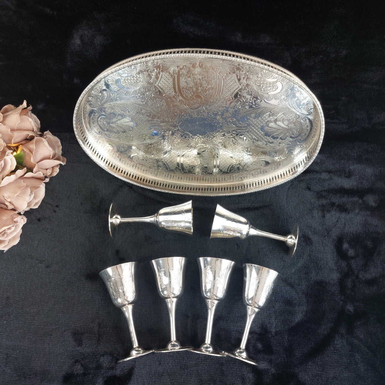 Sheffield Plated Silver Goblets & Tray Set 7pc EPNS Ornate Engraved Vintage Deco5