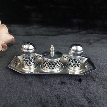 Falcon Plate 17.5cm Condiment Set Cobalt Liners Mustard Salt Pepper Tray England0