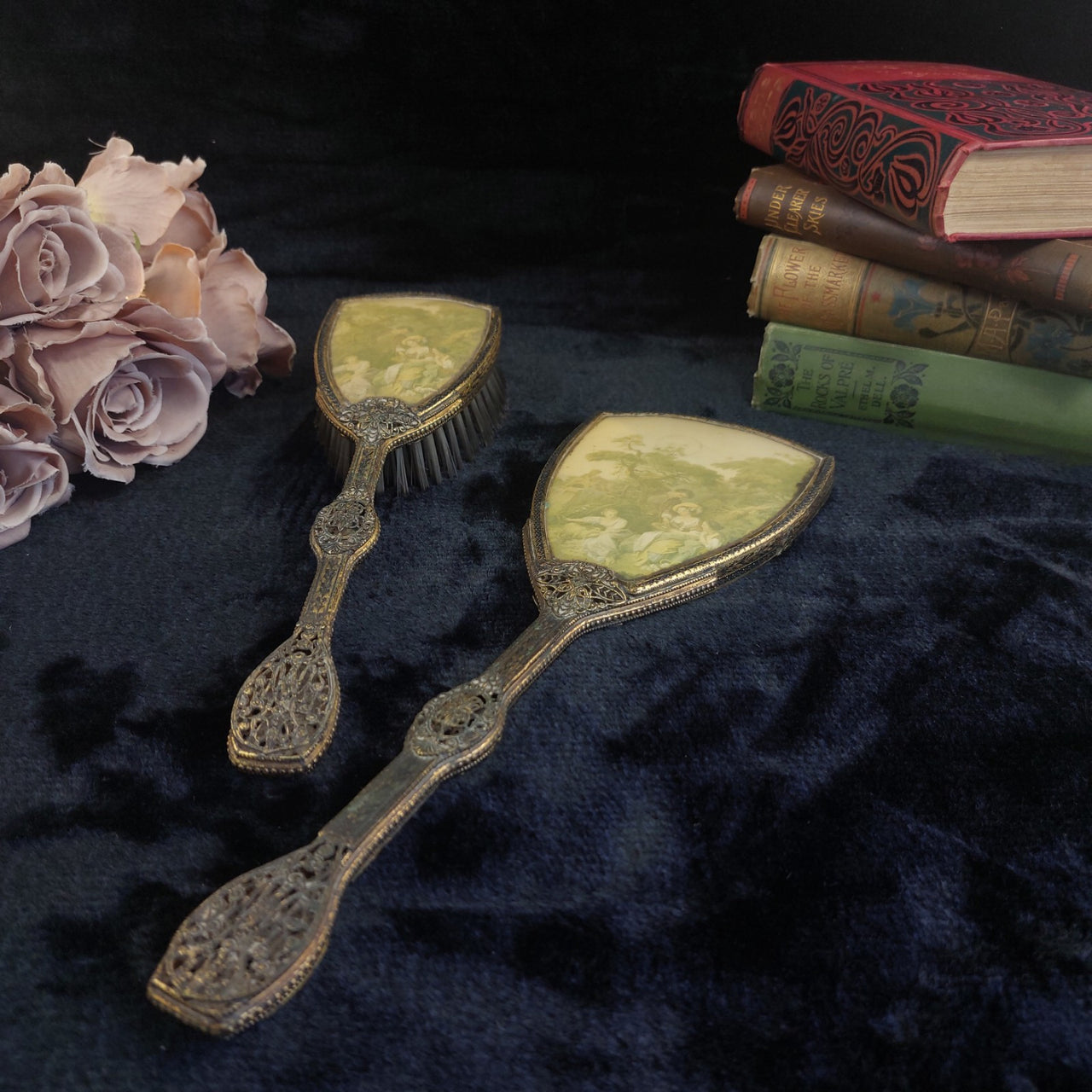Vintage Ornate Hand Mirror & Hair Brush Set Filigree Metal Rococo Dressing Table3