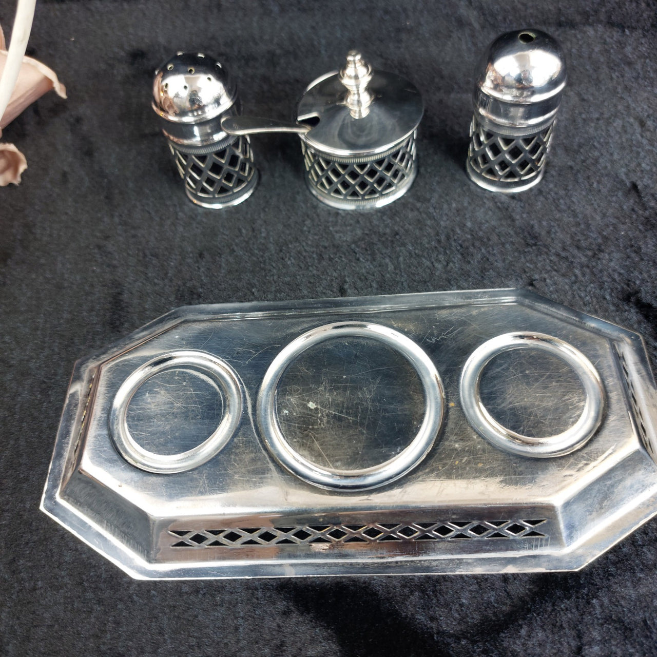 Falcon Plate  Condiment Set Cobalt Liners Mustard Salt Pepper Tray England 17.5c12