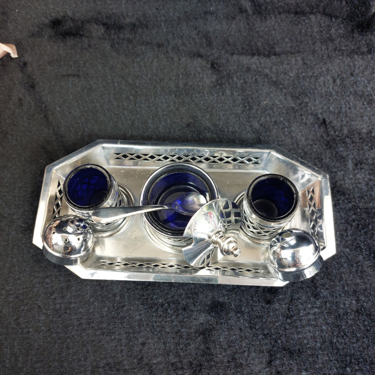 Falcon Plate  Condiment Set Cobalt Liners Mustard Salt Pepper Tray England 17.5c4