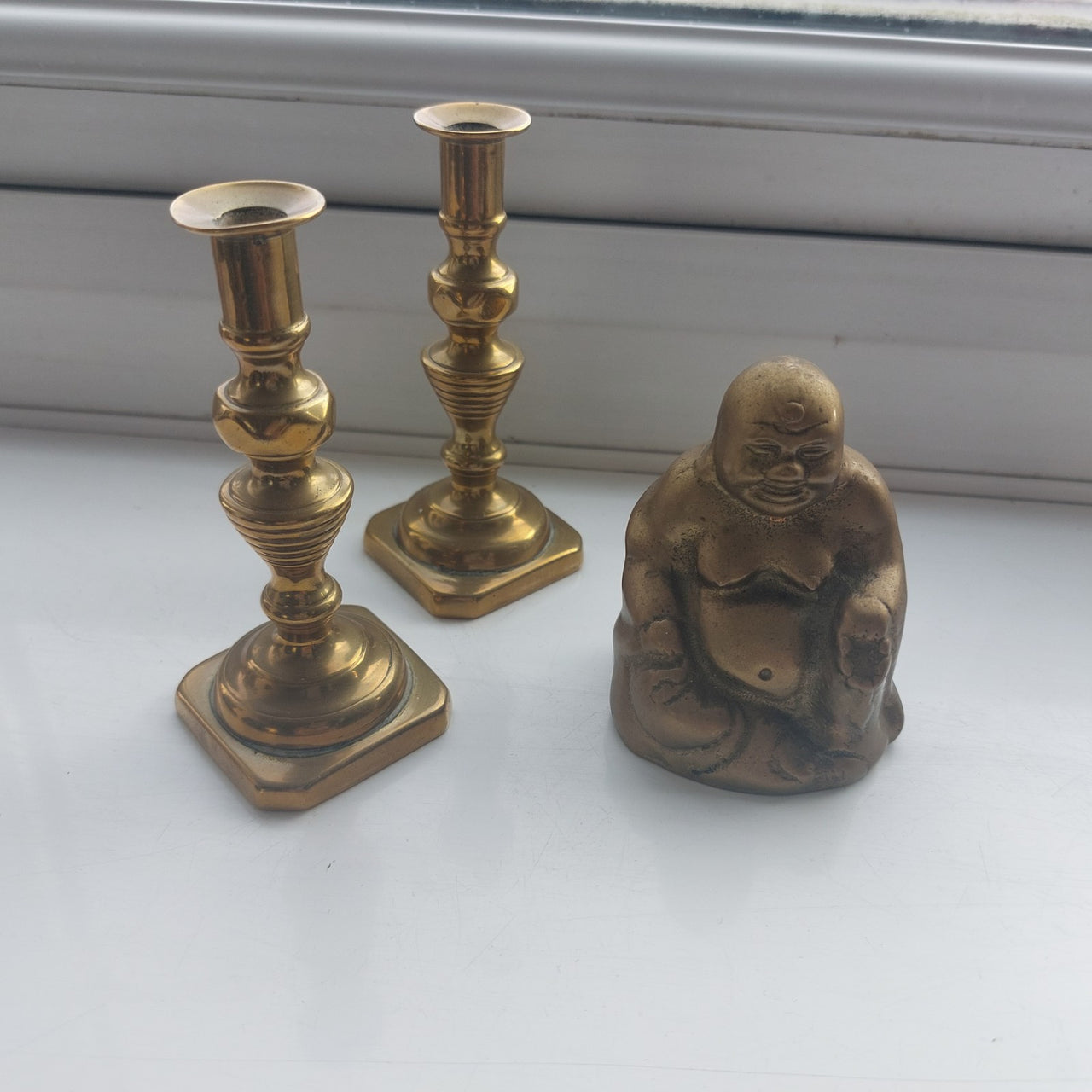 Vintage Brass Buddha Figurine & Pair of Brass Candlesticks Set0