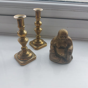 Vintage Brass Buddha Figurine & Pair of Brass Candlesticks Set0