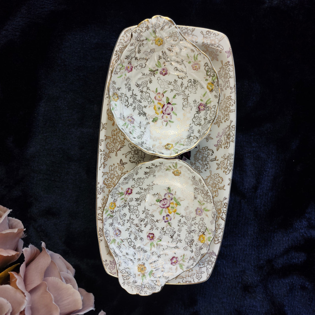 James Kent Ltd "Pearl Delight" Dessert Set English Vintage Floral Plate Dish3