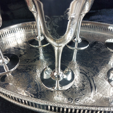 Sheffield Silver Plated Goblets & Tray Set 7pc EPNS Ornate Engraved Vintage Deco1