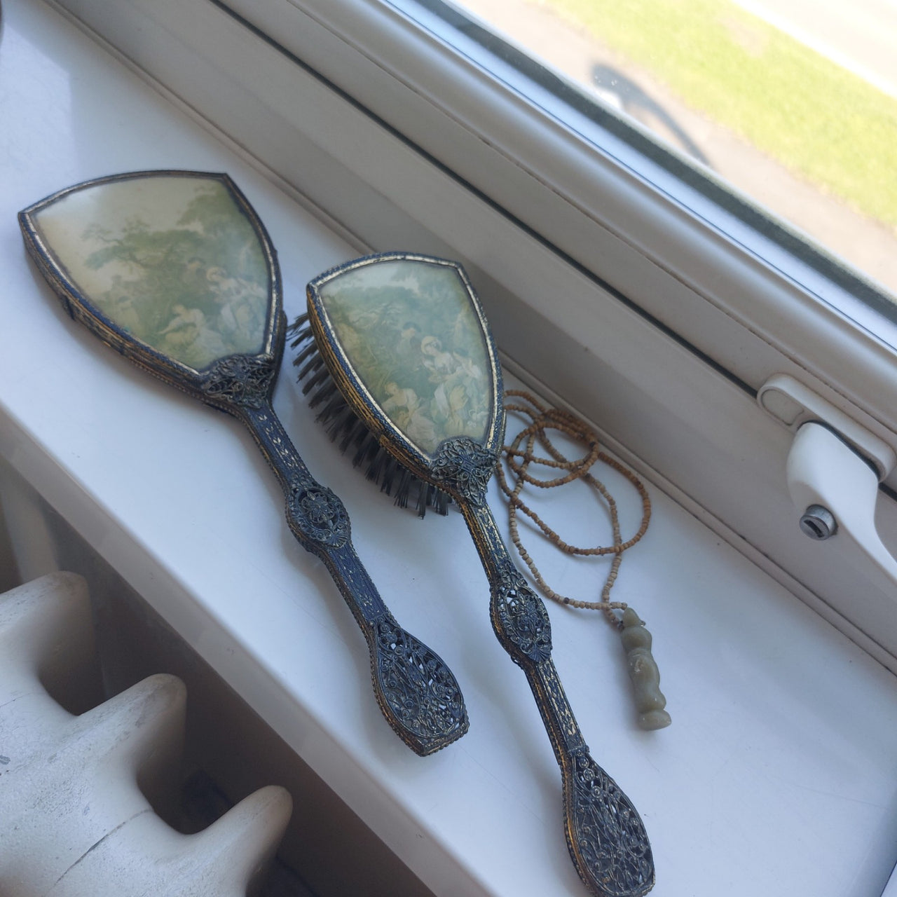 Vintage Ornate Hand Mirror & Hair Brush Set Filigree Metal Rococo Dressing Table14