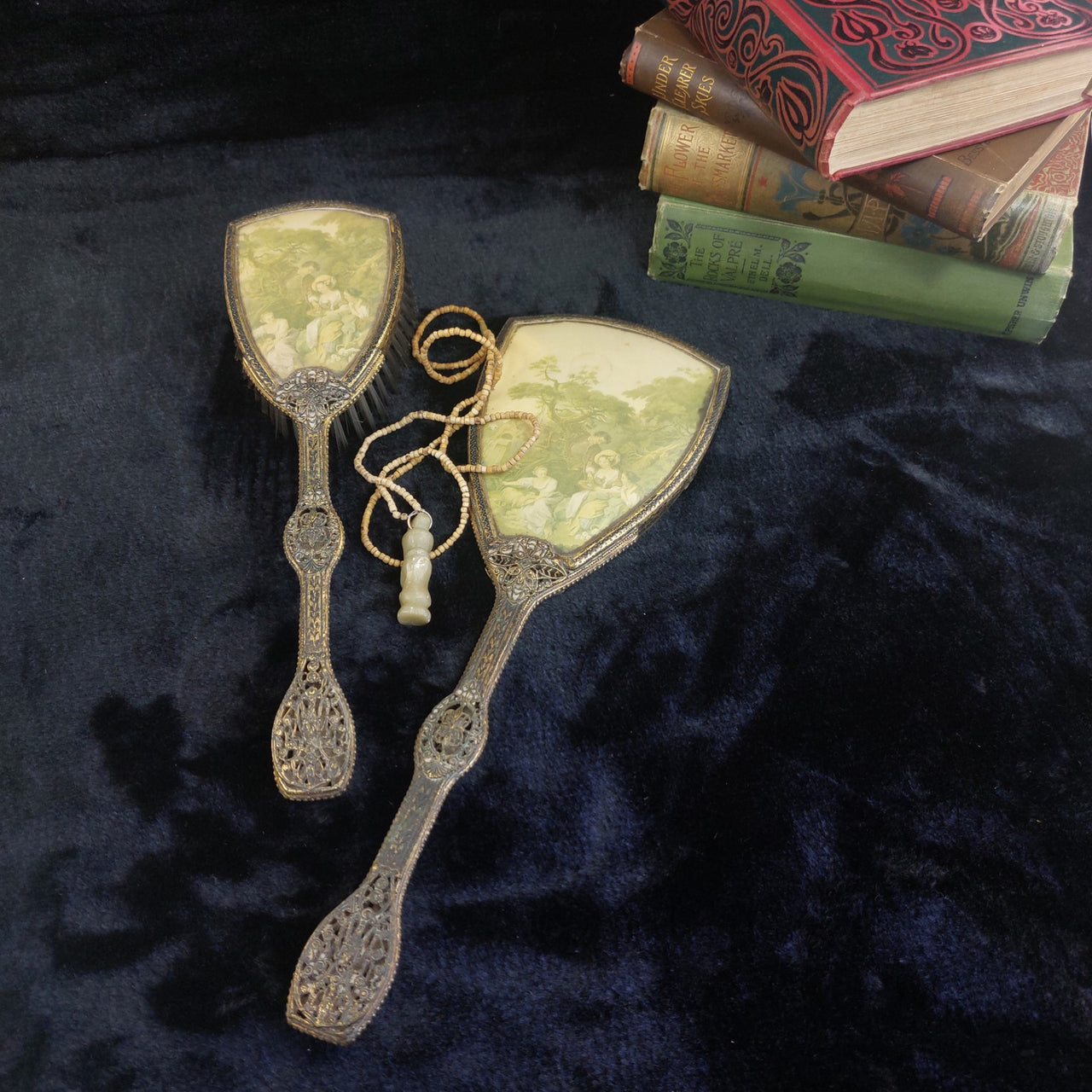 Vintage Ornate Hand Mirror & Hair Brush Set Filigree Metal Rococo Dressing Table13