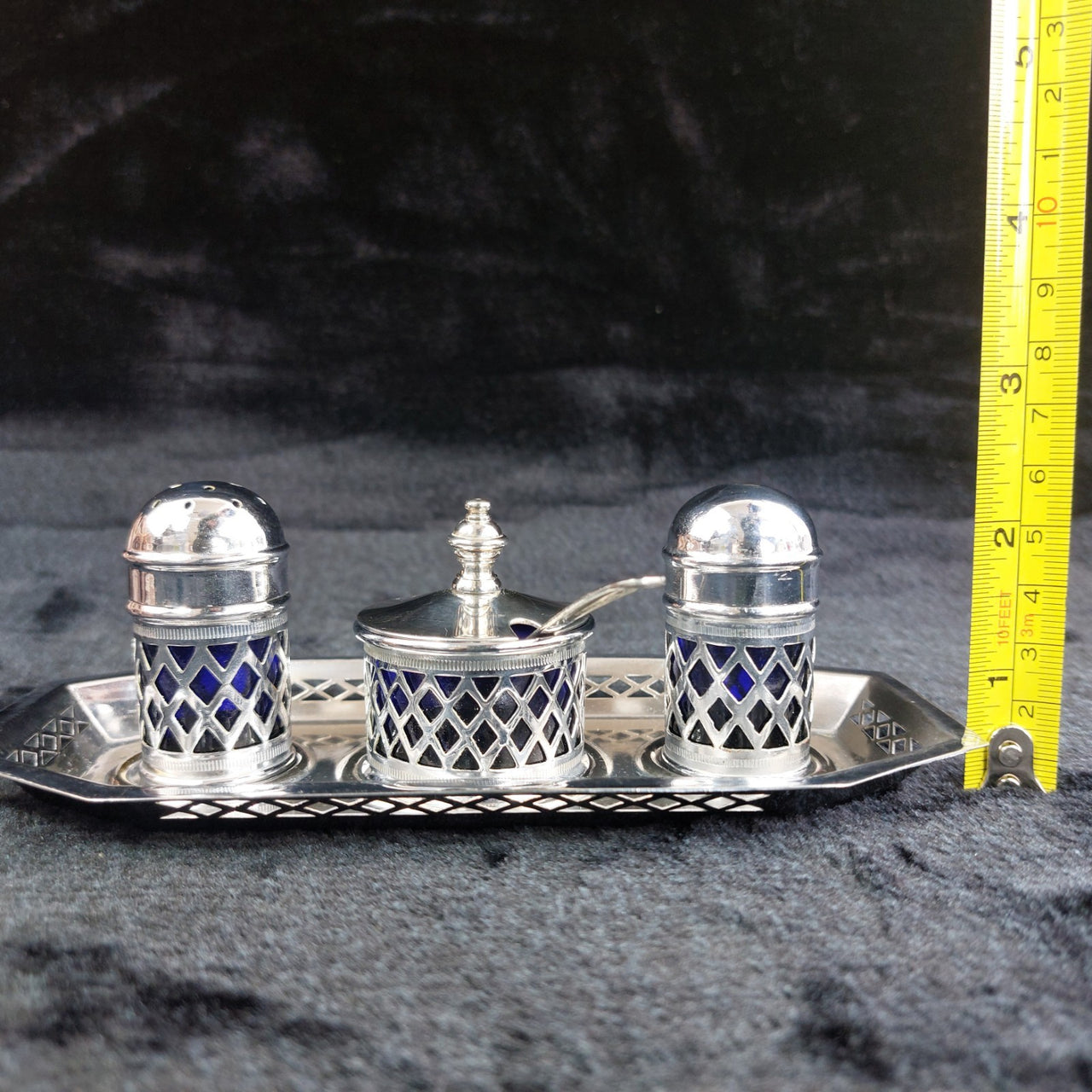 Falcon Plate  Condiment Set Cobalt Liners Mustard Salt Pepper Tray England 17.5c19