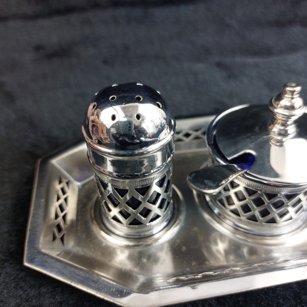 Falcon Plate  Condiment Set Cobalt Liners Mustard Salt Pepper Tray England 17.5c8