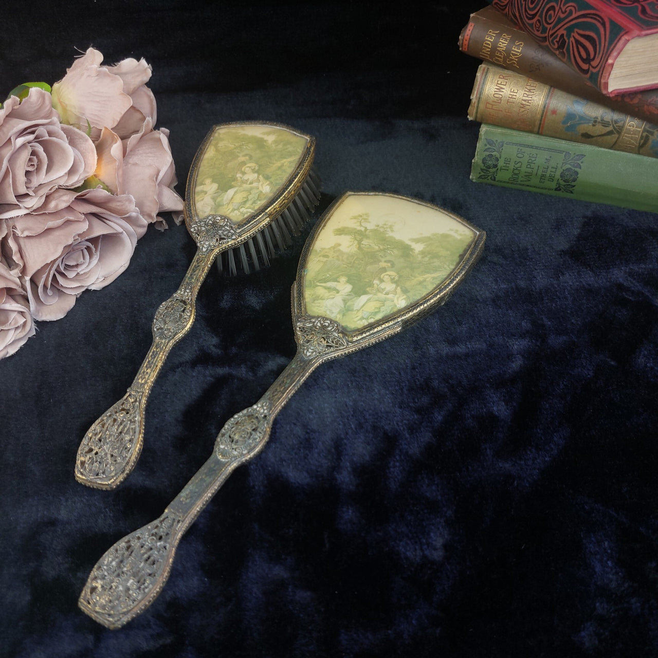 Vintage Ornate Hand Mirror & Hair Brush Set Filigree Metal Rococo Dressing Table1