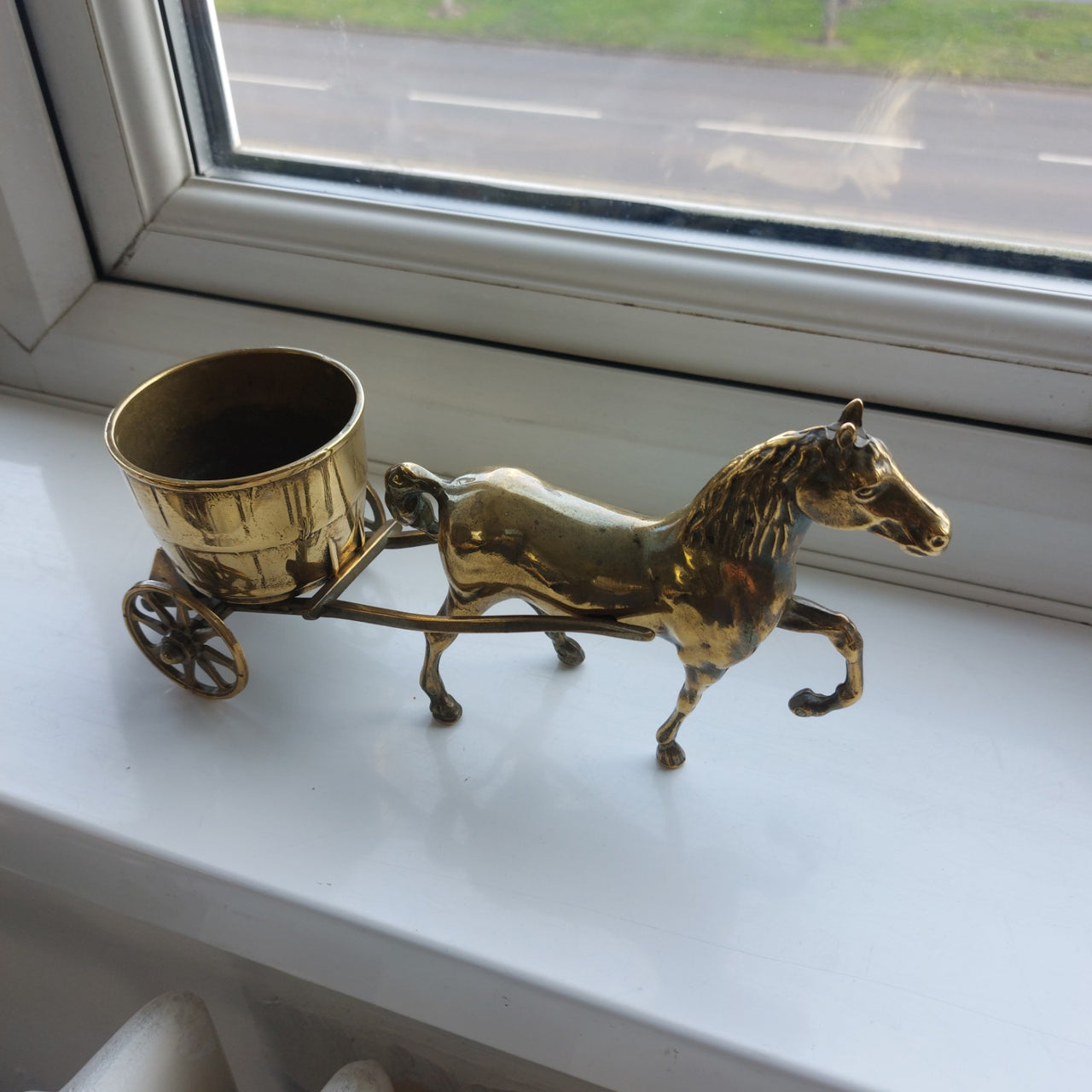 Brass Horse & Half Barrel 11" Carriage Cart Model Ornament vintage  5.5"  15