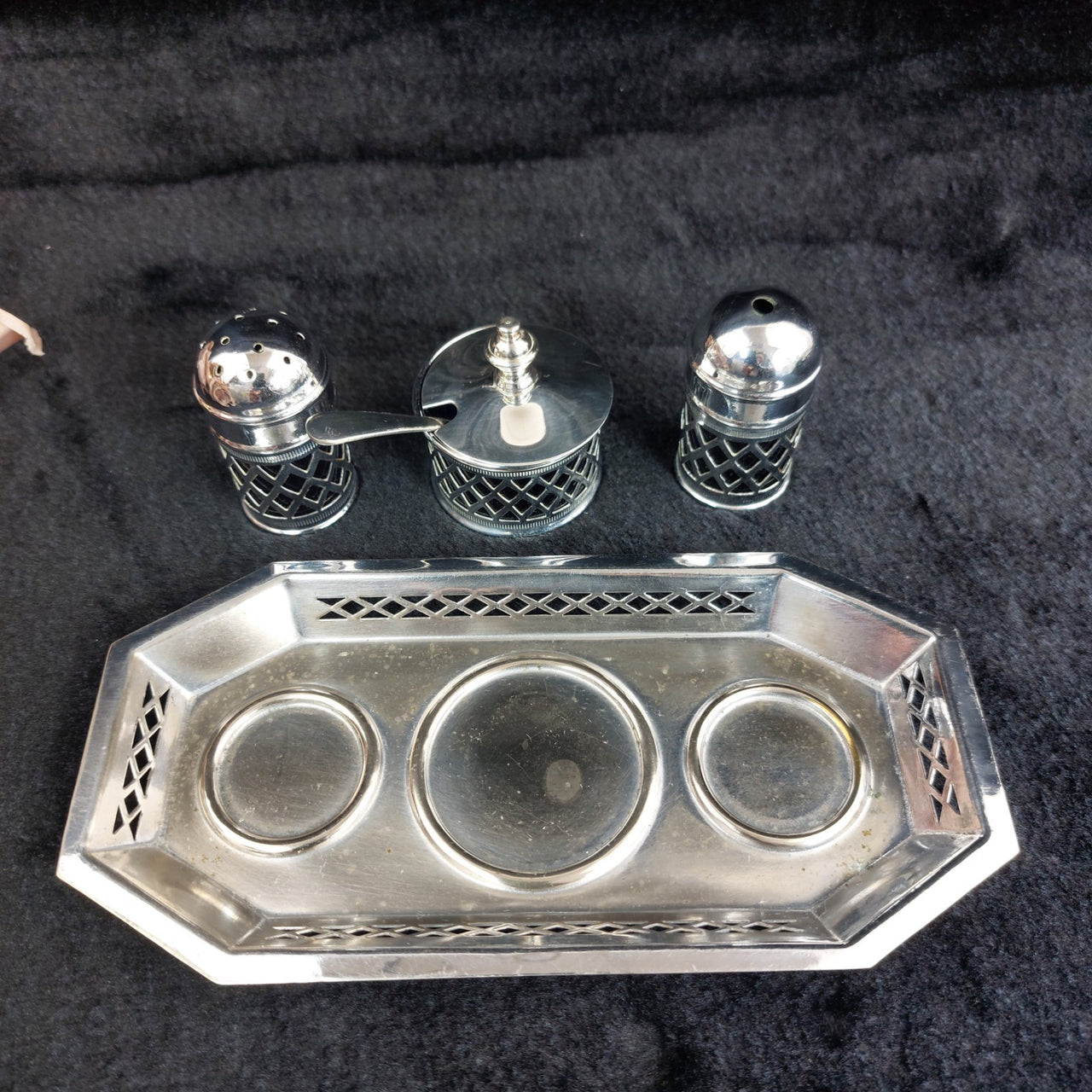 Falcon Plate  Condiment Set Cobalt Liners Mustard Salt Pepper Tray England 17.5c10