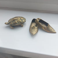 Thumbnail for Vintage Brass Trinket & astray Set Hinged Turtle Box & Engraved Shoes16