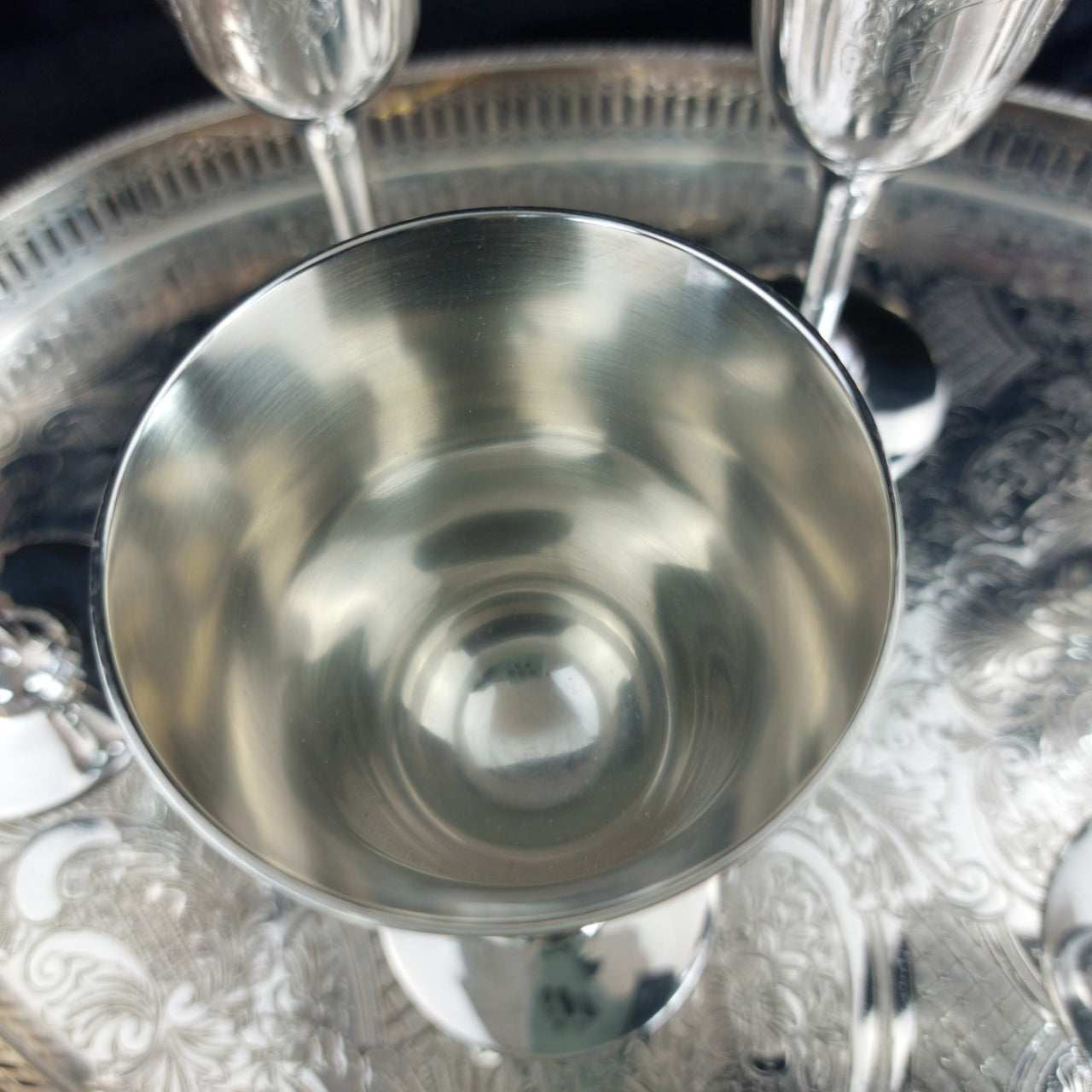 Sheffield Plated Silver Goblets & Tray Set 7pc EPNS Ornate Engraved Vintage Deco2
