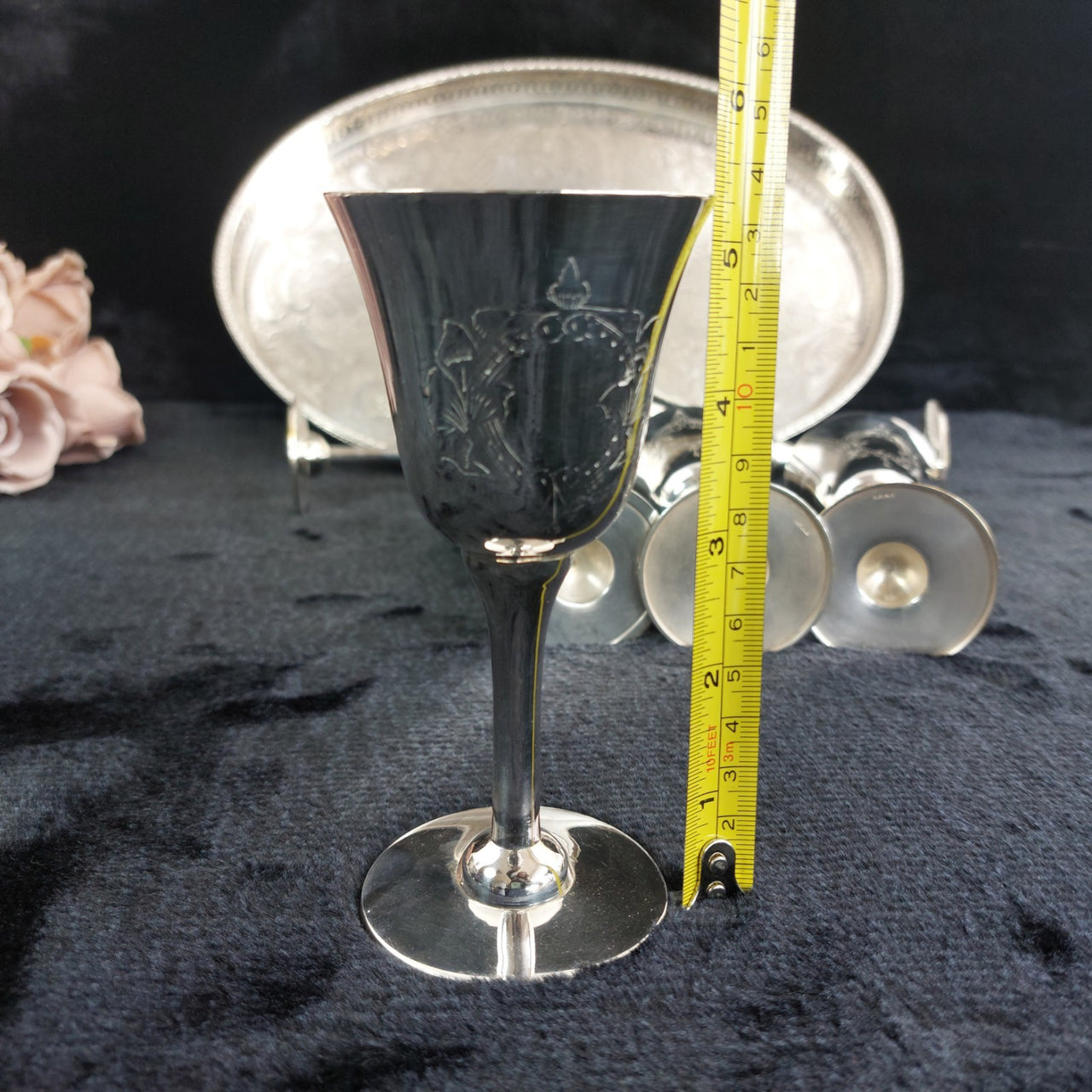 Sheffield Plated Silver Goblets & Tray Set 7pc EPNS Ornate Engraved Vintage Deco12