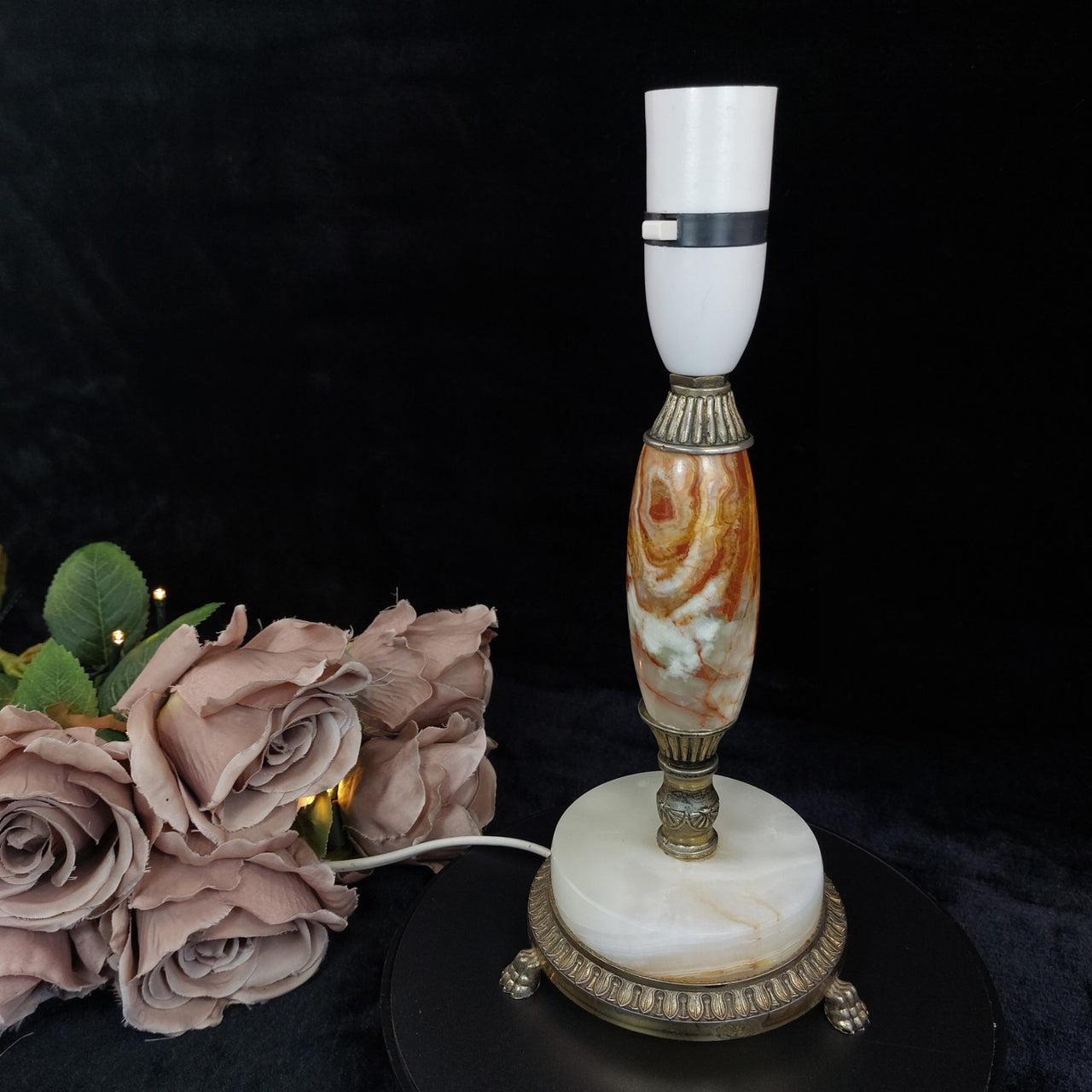Vintage Marble Brass & Table Lamp – Ornate Onyx Base – Working Condition Display0
