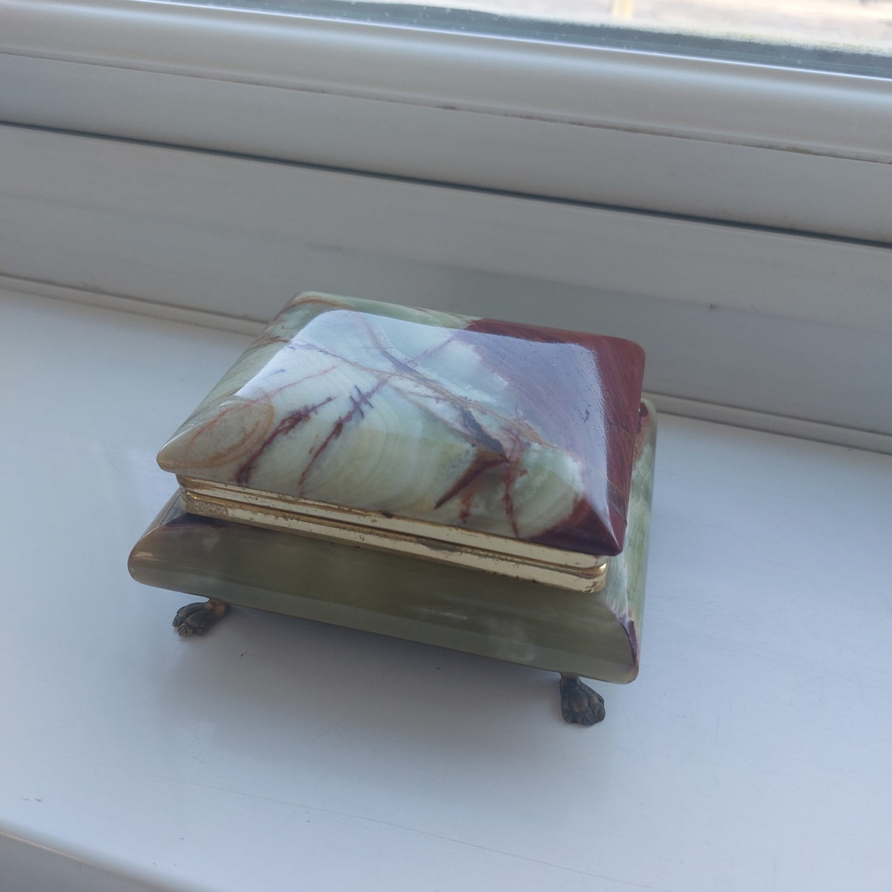 Onyx Jewelry Box Red & Green Marble, Gold Trim, Velvet Lined Vintage luxury gift12