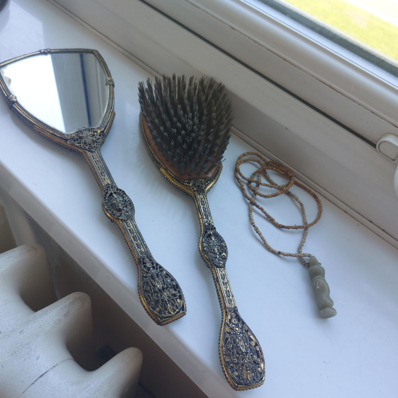 Vintage Ornate Hand Mirror & Hair Brush Set Filigree Metal Rococo Dressing Table15