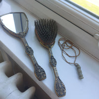 Thumbnail for Vintage Ornate Hand Mirror & Hair Brush Set Filigree Metal Rococo Dressing Table15