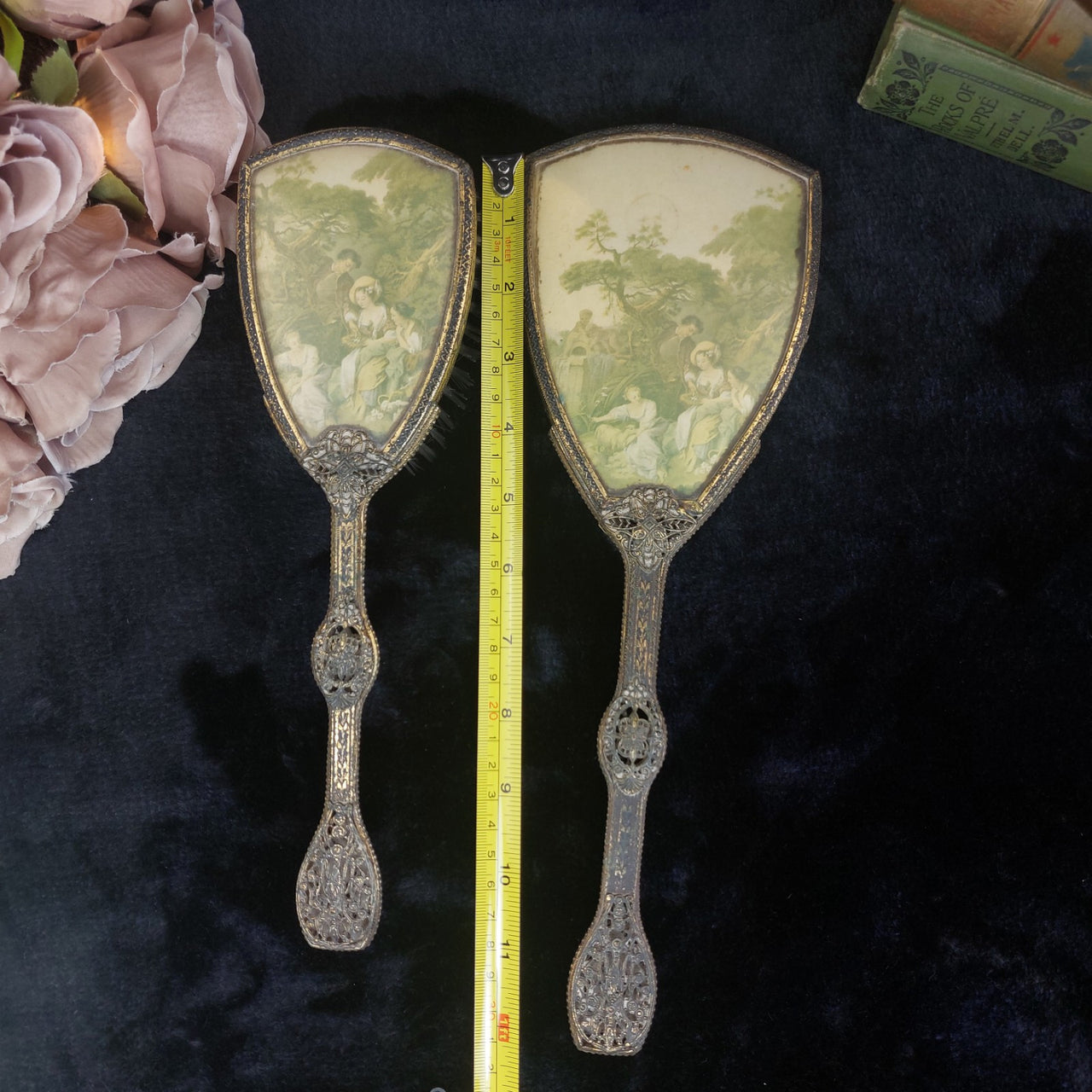 Vintage Ornate Hand Mirror & Hair Brush Set Filigree Metal Rococo Dressing Table2