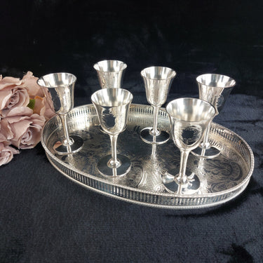Sheffield Silver Plated Goblets & Tray Set 7pc EPNS Ornate Engraved Vintage Deco0
