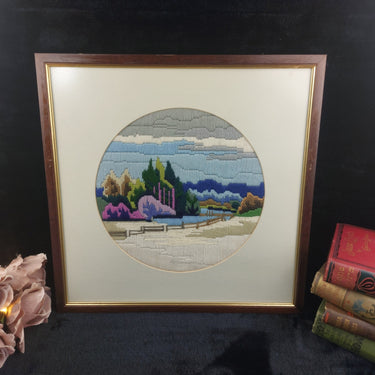 Needlework Landscape Art – Handmade Framed Vintage   Wall Decor   17