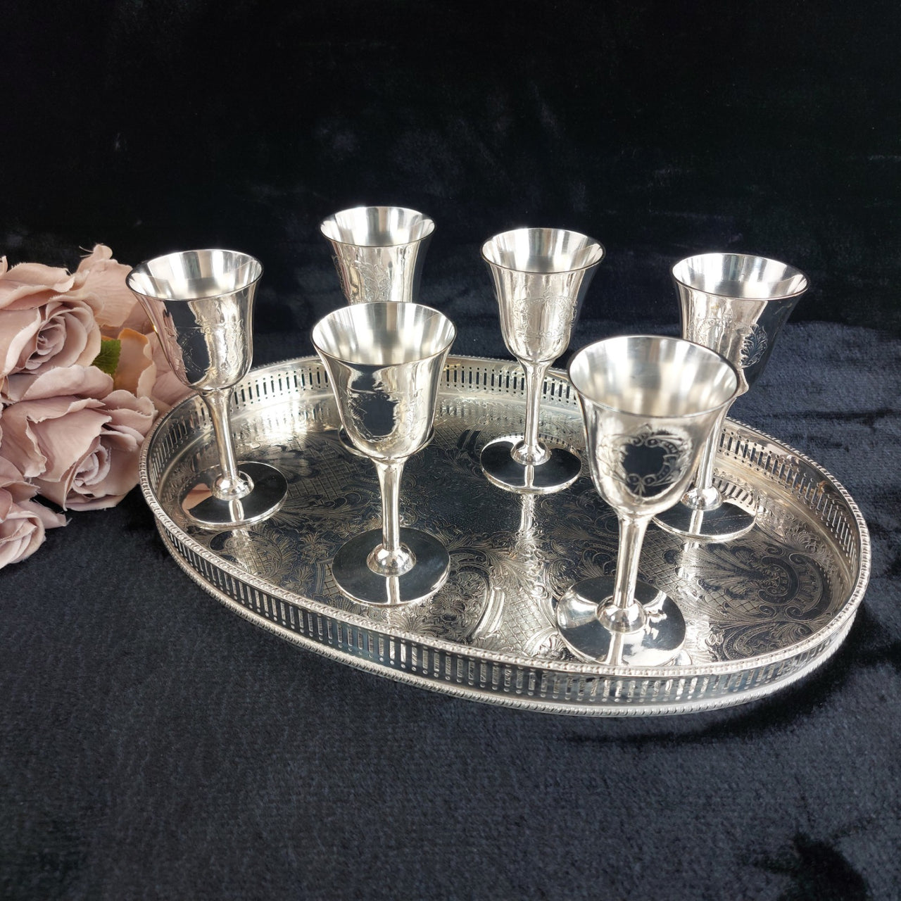 Sheffield Plated Silver Goblets & Tray Set 7pc EPNS Ornate Engraved Vintage Deco0