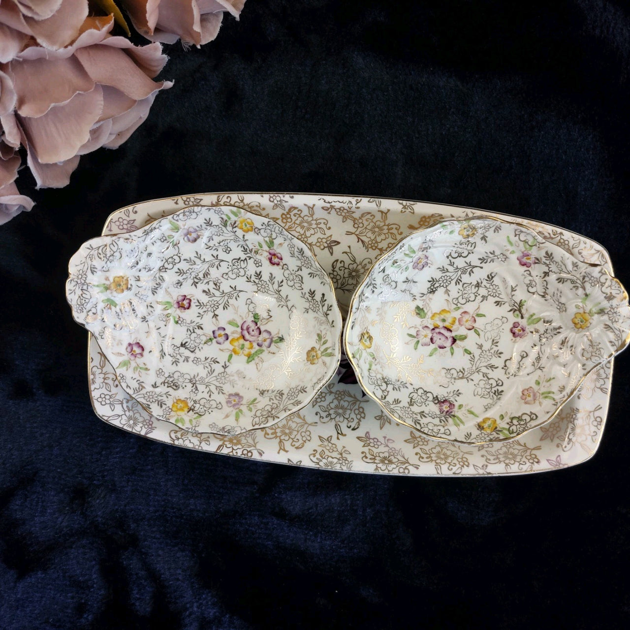 James Kent Ltd "Pearl Delight" Dessert Set English Vintage Floral Plate Dish2