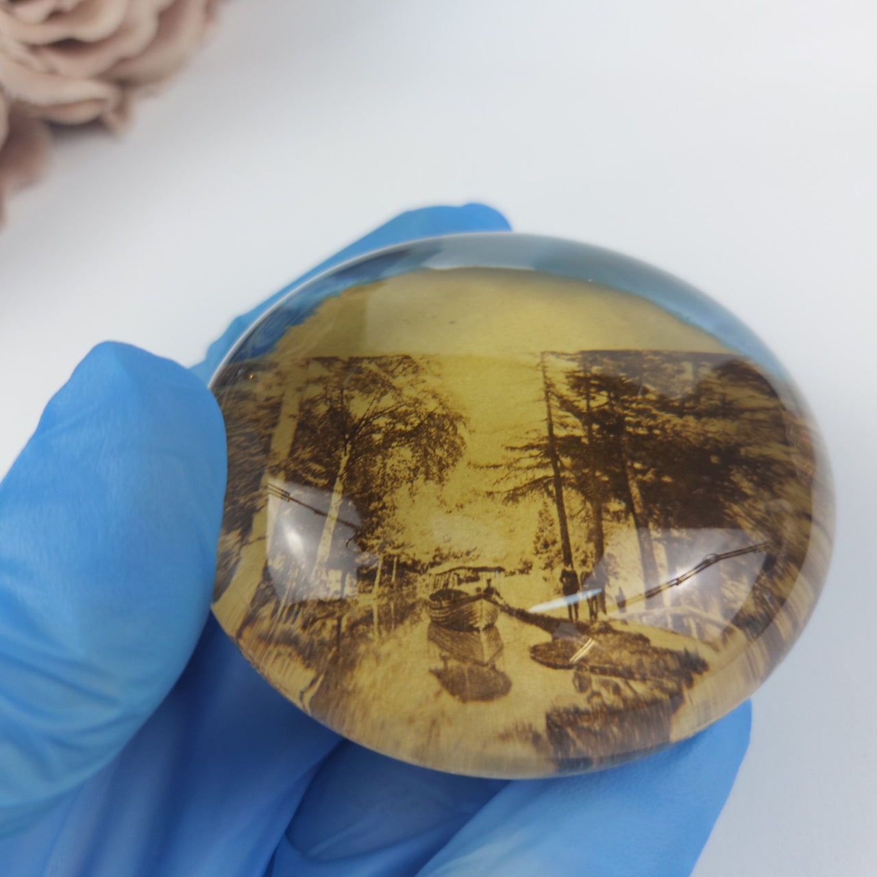 Vintage possibly ( antique) Glass DomePaperweight 160gr – Sepia Scenic Image –6