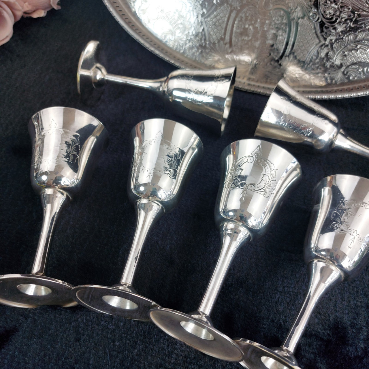 Sheffield Plated Silver Goblets & Tray Set 7pc EPNS Ornate Engraved Vintage Deco6