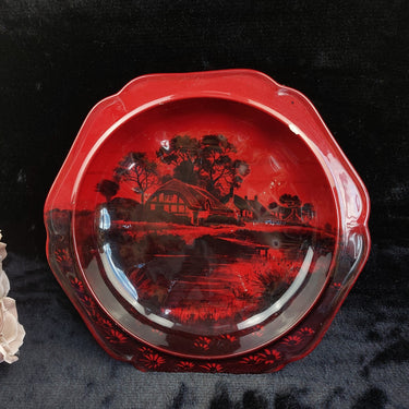 Royal Doulton Flambe Noke Bowl Red Scenic Transferware Dish, England chipped.0