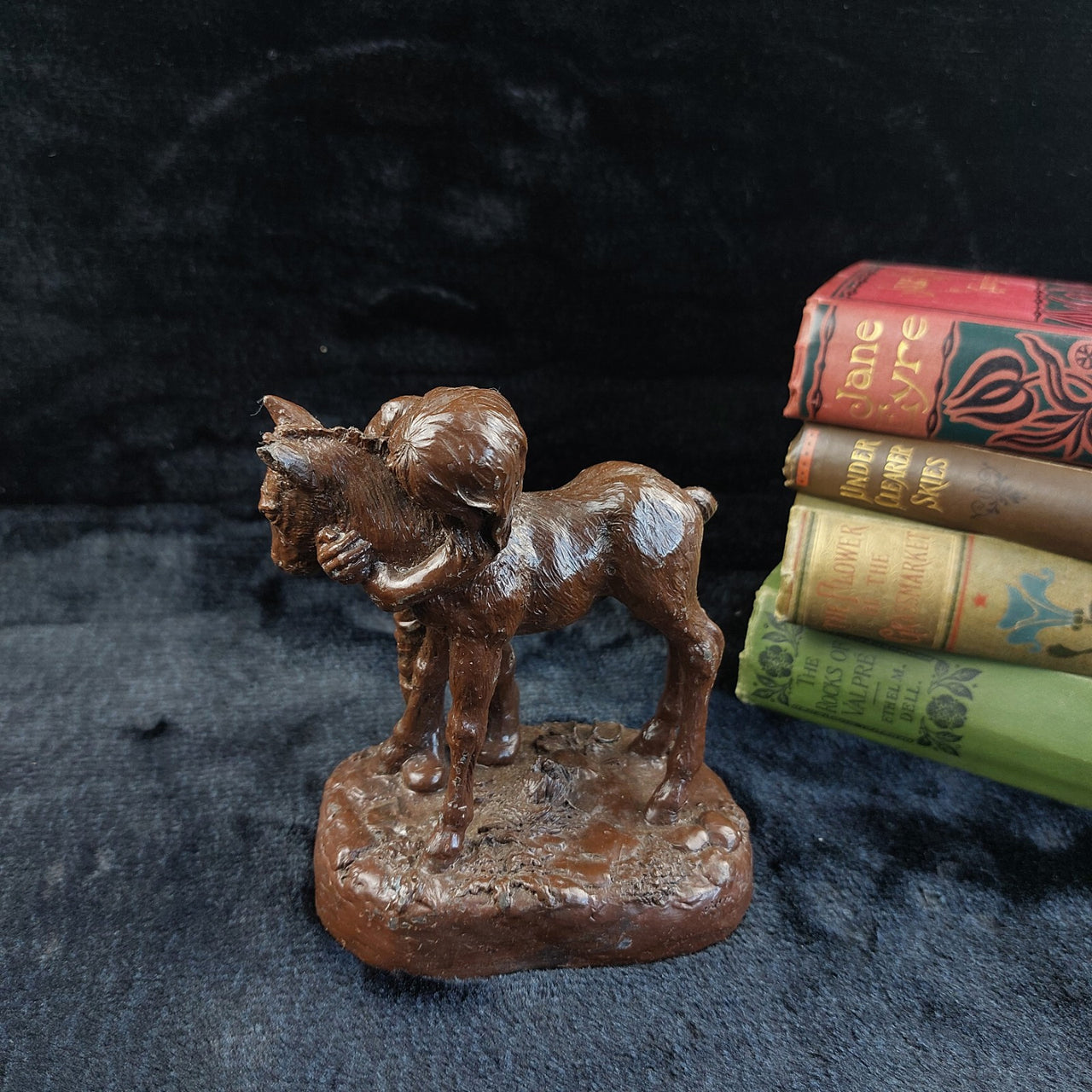 Vintage Bronze-Style Figurine – Girl Hugging a Horse – see the ear resin China4