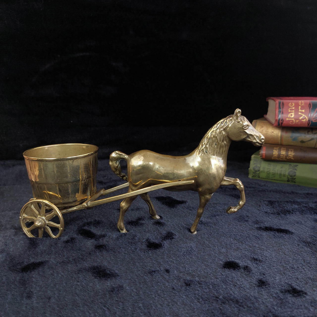 Brass Horse & Half Barrel 11" Carriage Cart Model Ornament vintage  5.5"  0