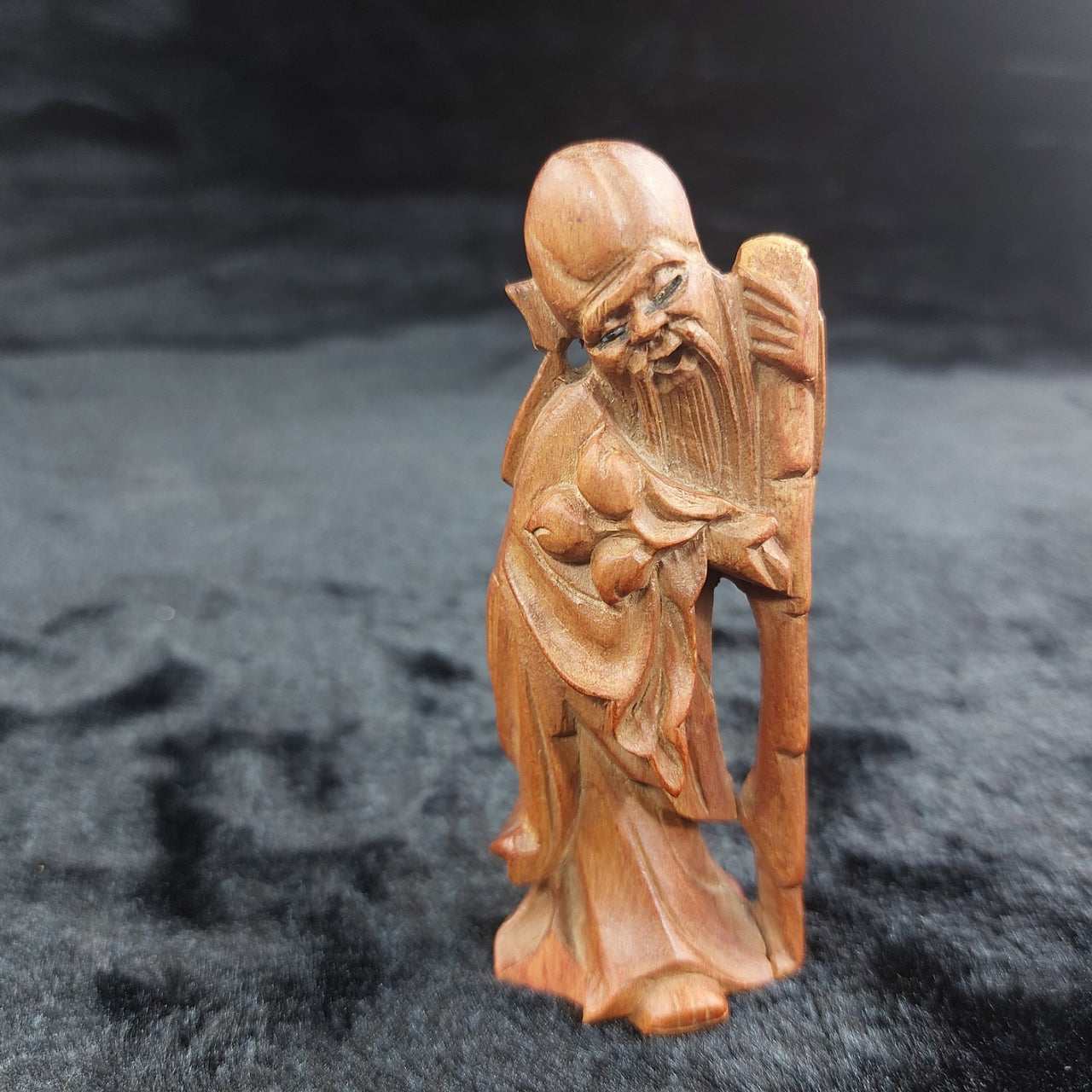 Hand-Carved Teak Wood Asian Elder Figurine – Holding Staff & Fruit 3.75" China6