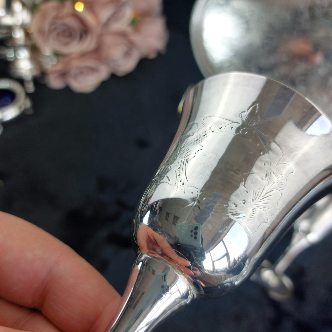 Sheffield Plated Silver Goblets & Tray Set 7pc EPNS Ornate Engraved Vintage Deco8