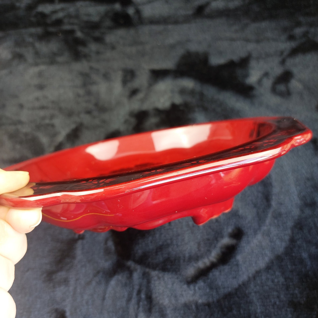 Royal Doulton Flambe Noke Bowl Scenic Red Transferware Dish, England chipped.12