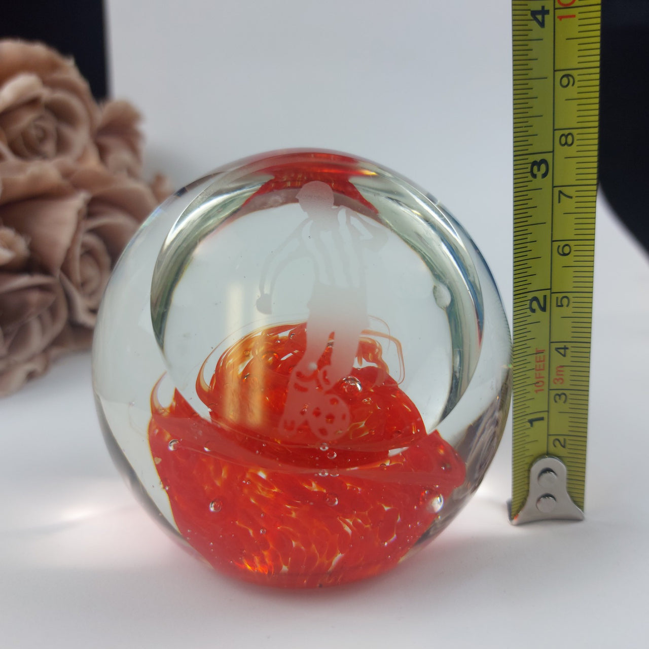 Murano Style Glass Paperweight Vintage -Footballer Etched Swirl Art Italy 7
