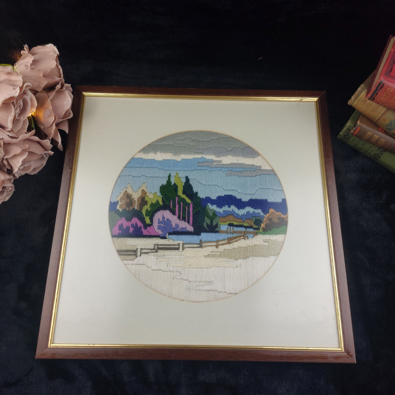 Vintage Framed Circular Long-Stitch Needlework Countryside Landscape Art 17" Sq12